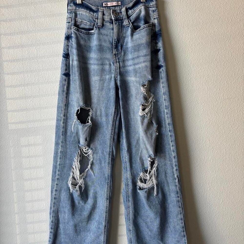 SO Wide Leg High Waisted Distressed Denim Jeans Skater Emo Grunge